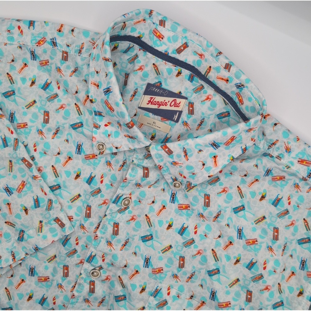 Johnnie-O Hangin Out Floaty Shirt Mens XL Malibu Blue Swimmer Print JMWS 2690